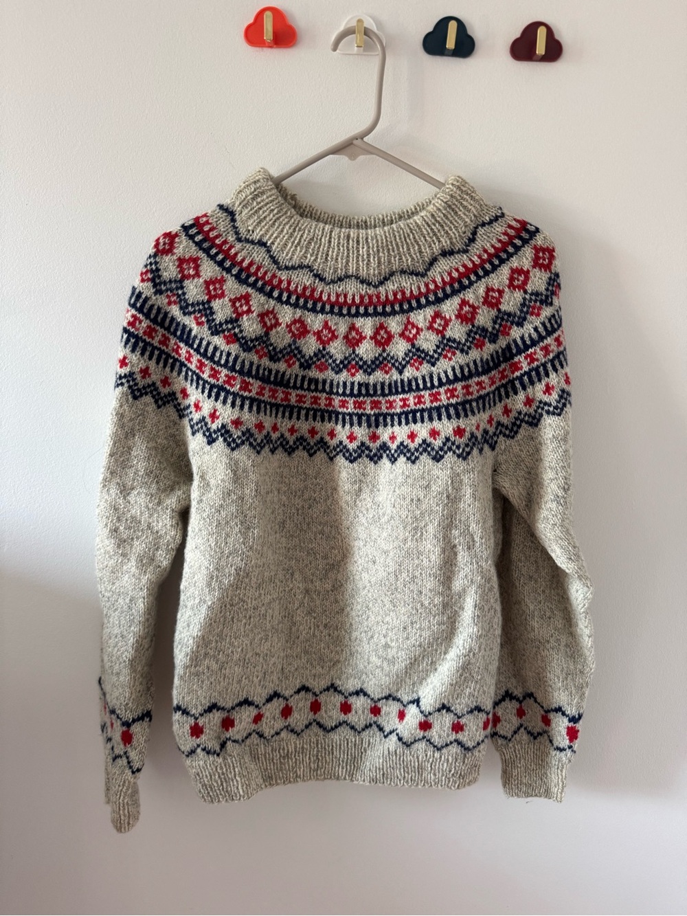 Men's Crewneck Nordic Sweater - Cream with Red & Navy Accents